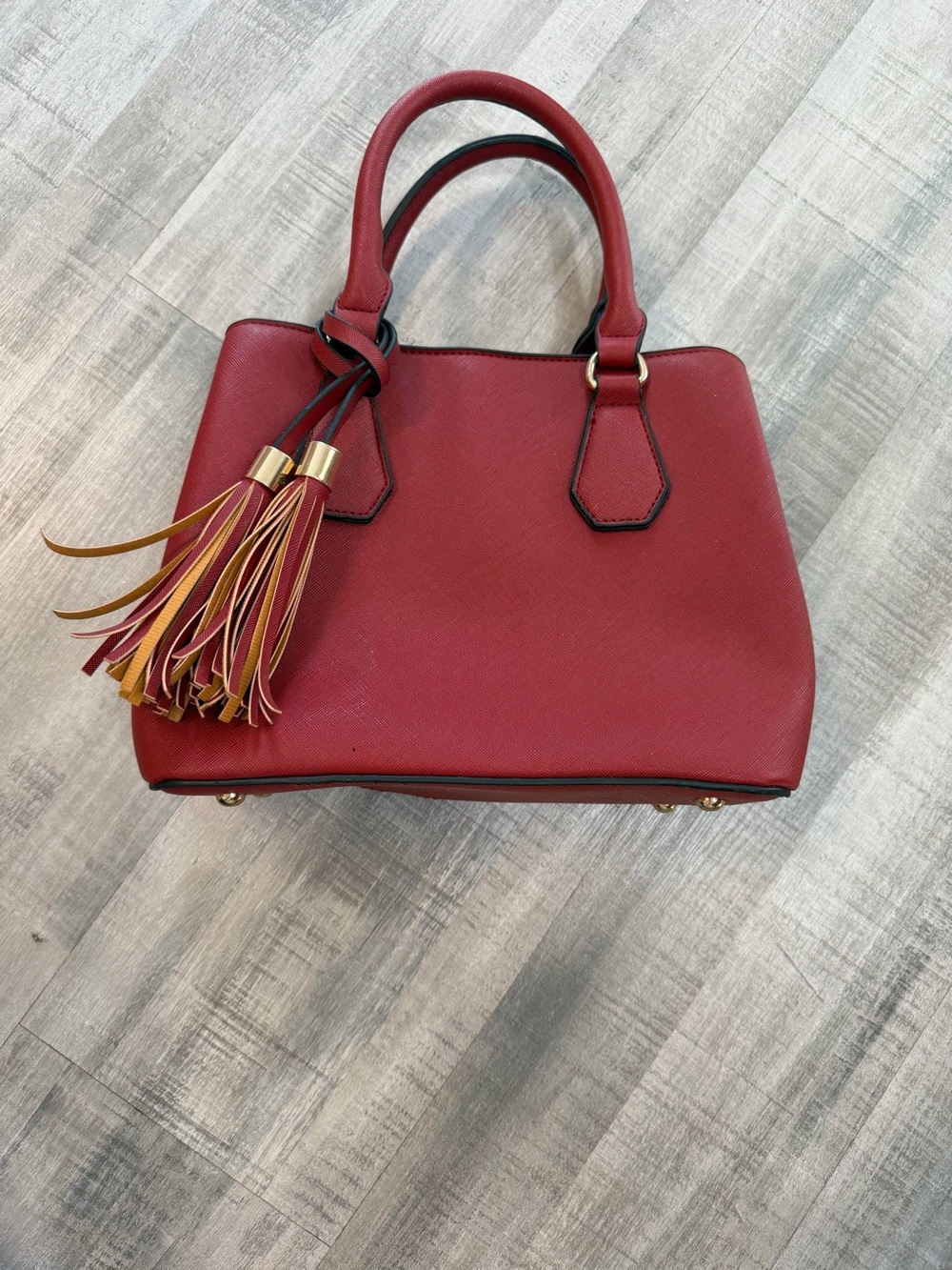Red Faux Leather Satchel Handbag Gold Tone Hardware Tassel Shoulder Strap
